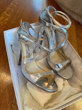 Jimmy Choo Lance Silver Metallic Strappy High Heel Sandals
